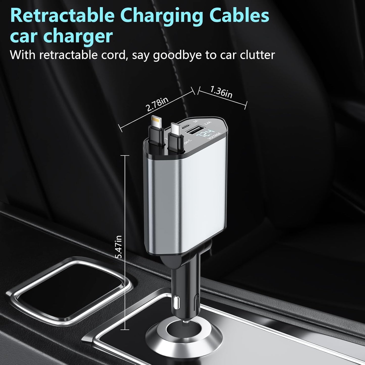 Retractable Car Charger 4 in 1 Fast 120W Retractable 7m Cables and 4 Electronic Ports Car Charger Compatible with iOS and Android Mobile Phones for All