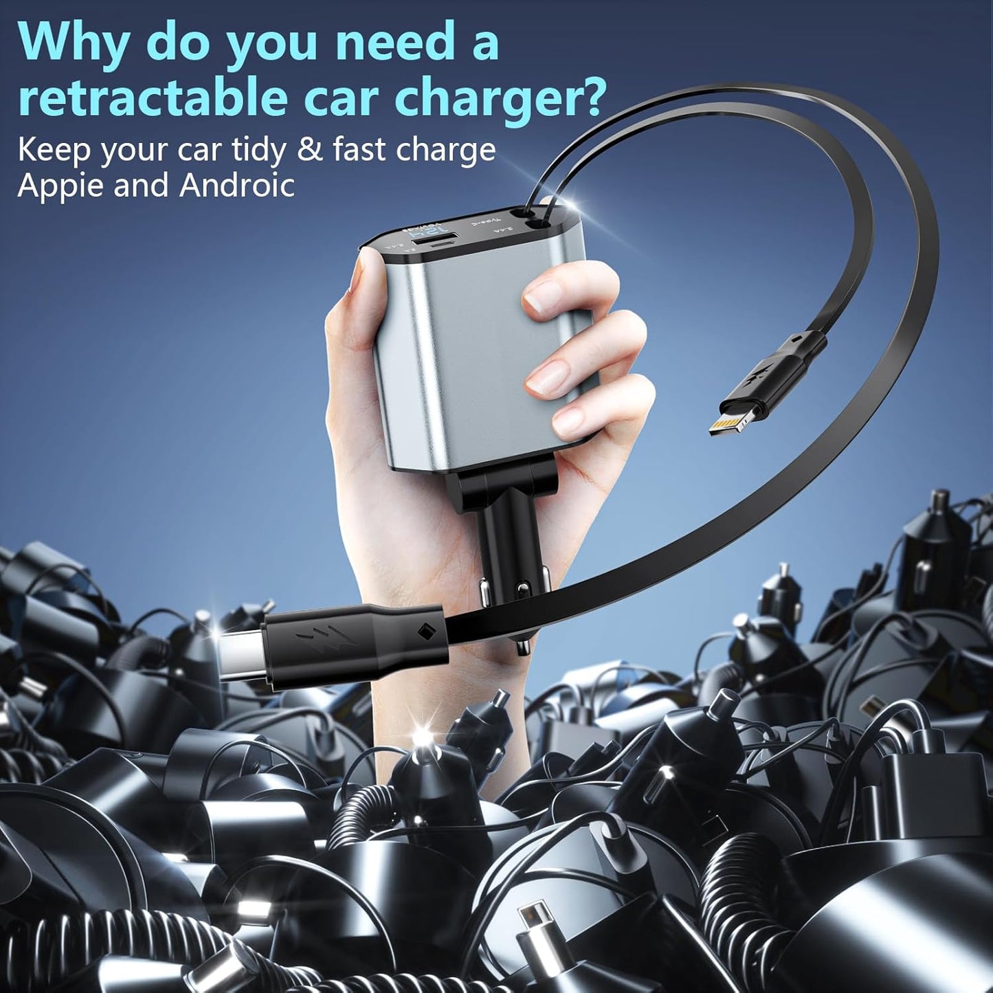 Retractable Car Charger 4 in 1 Fast 120W Retractable 7m Cables and 4 Electronic Ports Car Charger Compatible with iOS and Android Mobile Phones for All
